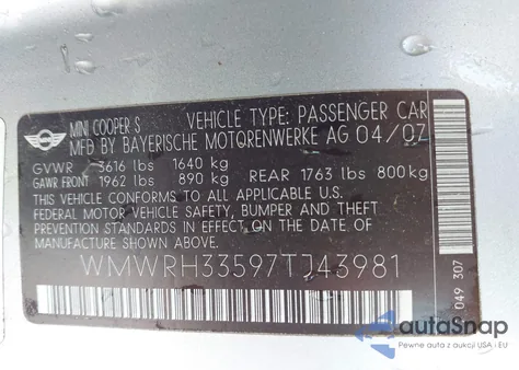 2007 Mini Cooper S from USA, damaged, VIN WMWRH33597TJ43981